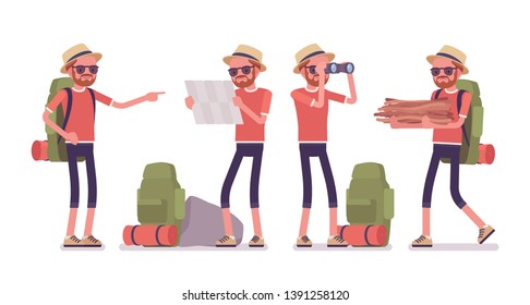 Hiking man exploring route. Male tourist with backpacking gear, wearing clothes for outdoor walks, sporting or leisure activity. Vector flat style cartoon illustration isolated on white background