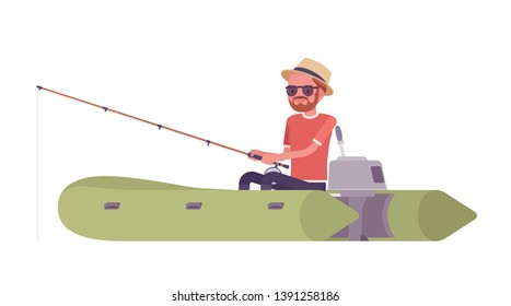 Hiking man fishing in an inflatable boat. Male tourist travelling over water, wearing clothes for outdoor sporting, leisure activity. Vector flat style cartoon illustration isolated, white background