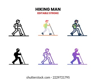 Hiking Man icon set vector line, outline, glyph, filled line, flat color, line and flat gradient. Editable stroke and pixel perfect. Can used for digital product, presentation, UI and many more.