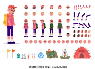 Kit hombre de senderismo, grupo de animación de turista masculino con equipo de camping con diferentes tipos de caras, cortes de pelo, emociones, frente, espalda, vista lateral de un rostro masculino. Moviendo brazos, piernas. Elementos de construcción
