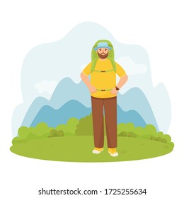 Hiking A man with a large backpack on a background of mountains.