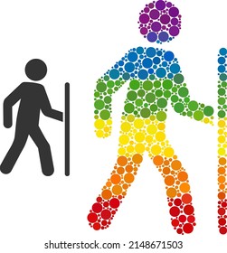Hiking man mosaic icon of circle spots in various sizes and spectrum colored color tinges. A dotted LGBT-colored hiking man for lesbians, gays, bisexuals, and transgenders.
