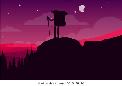 Hiking man in the mountains at night on forest landscape silhouette. Hiking man with backpack concept vector illustration. Traveler at rest by wanderlust concept. Outdoor adventure or outdoor leisure.