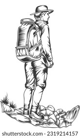 Diseño vectorial de fondo de montura de hombre de senderismo