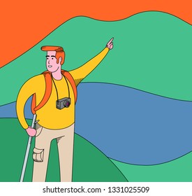 Hiking man pointing hand at green mountain. Outdoor sport. Hand drawn vector illustration.