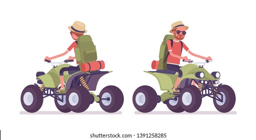 Hiking man riding atv quad bike. Male tourist with backpacking gear, wearing clothes for outdoor walks, sporting or leisure activity. Vector flat style cartoon illustration isolated, white background