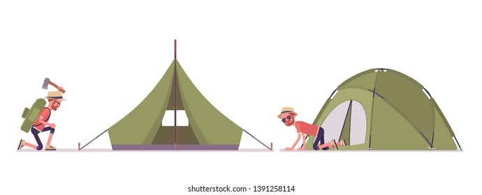 Hiking man setting up a tent. Male tourist with backpacking gear, wearing clothes for outdoor walks, sporting or leisure activity. Vector flat style cartoon illustration isolated, white background