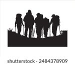 Hiking man Silhouette. hiking man with rucksacks silhouette. hiker with backpack, vector silhouettes. mountaineer climber hiker people. Backpacker. walking with the aid of trekking poles.