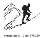 Hiking man Silhouette. hiking man with rucksacks silhouette. hiker with backpack, vector silhouettes. mountaineer climber hiker people. Backpacker. walking with the aid of trekking poles.