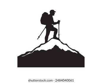 Hombre senderista silueta. hombre senderista con silueta de mochilas. senderista con mochila, siluetas de Vector. montañista escalador gente senderista. Mochilero, caminando con la ayuda de bastones de trekking.