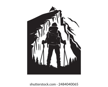 Hiking man Silhouette. hiking man with rucksacks silhouette. hiker with backpack, vector silhouettes. mountaineer climber hiker people. Backpacker. walking with the aid of trekking poles.