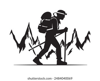 Hiking man Silhouette. hiking man with rucksacks silhouette. hiker with backpack, vector silhouettes. mountaineer climber hiker people. Backpacker. walking with the aid of trekking poles.