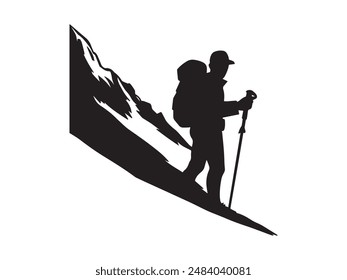 Hiking man Silhouette. hiking man with rucksacks silhouette. hiker with backpack, vector silhouettes. mountaineer climber hiker people. Backpacker. walking with the aid of trekking poles.