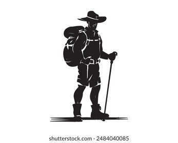 Hiking man Silhouette. hiking man with rucksacks silhouette. hiker with backpack, vector silhouettes. mountaineer climber hiker people. Backpacker. walking with the aid of trekking poles.