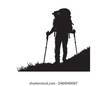 Hiking man Silhouette. hiking man with rucksacks silhouette. hiker with backpack, vector silhouettes. mountaineer climber hiker people. Backpacker. walking with the aid of trekking poles.