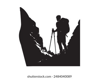 Hiking man Silhouette. hiking man with rucksacks silhouette. hiker with backpack, vector silhouettes. mountaineer climber hiker people. Backpacker. walking with the aid of trekking poles.