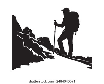 Hiking man Silhouette. hiking man with rucksacks silhouette. hiker with backpack, vector silhouettes. mountaineer climber hiker people. Backpacker. walking with the aid of trekking poles.