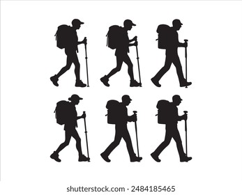 Hiking man Silhouette. hiking man with rucksacks silhouette. hiker with backpack, vector silhouettes. mountaineer climber hiker people. Backpacker. walking with the aid of trekking poles.