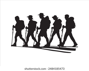 Hiking man Silhouette. hiking man with rucksacks silhouette. hiker with backpack, vector silhouettes. mountaineer climber hiker people. Backpacker. walking with the aid of trekking poles.