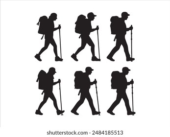 Hiking man Silhouette. hiking man with rucksacks silhouette. hiker with backpack, vector silhouettes. mountaineer climber hiker people. Backpacker. walking with the aid of trekking poles.