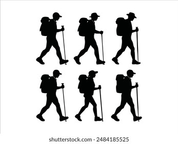 Hiking man Silhouette. hiking man with rucksacks silhouette. hiker with backpack, vector silhouettes. mountaineer climber hiker people. Backpacker. walking with the aid of trekking poles.