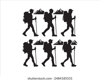 Hiking man Silhouette. hiking man with rucksacks silhouette. hiker with backpack, vector silhouettes. mountaineer climber hiker people. Backpacker. walking with the aid of trekking poles.