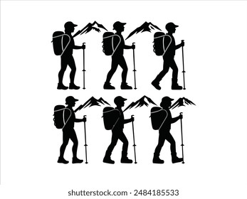 Hiking man Silhouette. hiking man with rucksacks silhouette. hiker with backpack, vector silhouettes. mountaineer climber hiker people. Backpacker. walking with the aid of trekking poles.