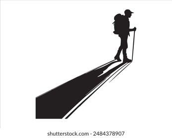 Hiking man Silhouette. hiking man with rucksacks silhouette. hiker with backpack, vector silhouettes. mountaineer climber hiker people. Backpacker. walking with the aid of trekking poles.