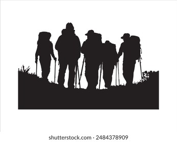 Wanderer Mann Silhouette. Wanderer Mann mit Rucksäcken Silhouette. Wanderer mit Rucksack, Vektorgrafik Silhouetten. Bergsteiger Wanderer Menschen. Rucksacktouristen, die mithilfe von Trekkingstöcken laufen.