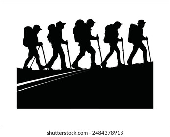 Hiking man Silhouette. hiking man with rucksacks silhouette. hiker with backpack, vector silhouettes. mountaineer climber hiker people. Backpacker. walking with the aid of trekking poles.