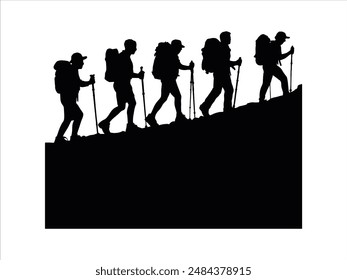 Hiking man Silhouette. hiking man with rucksacks silhouette. hiker with backpack, vector silhouettes. mountaineer climber hiker people. Backpacker. walking with the aid of trekking poles.