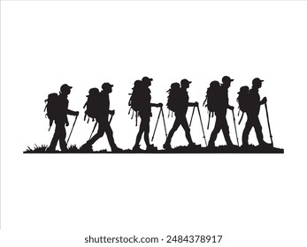 Hiking man Silhouette. hiking man with rucksacks silhouette. hiker with backpack, vector silhouettes. mountaineer climber hiker people. Backpacker. walking with the aid of trekking poles.