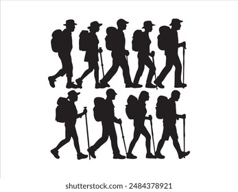 Hiking man Silhouette. hiking man with rucksacks silhouette. hiker with backpack, vector silhouettes. mountaineer climber hiker people. Backpacker. walking with the aid of trekking poles.