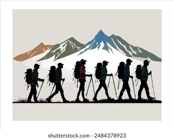 Hiking man Silhouette. hiking man with rucksacks silhouette. hiker with backpack, vector silhouettes. mountaineer climber hiker people. Backpacker. walking with the aid of trekking poles.