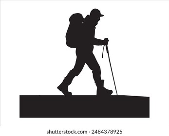 Wanderer Mann Silhouette. Wanderer Mann mit Rucksäcken Silhouette. Wanderer mit Rucksack, Vektorgrafik Silhouetten. Bergsteiger Wanderer Menschen. Rucksacktouristen, die mithilfe von Trekkingstöcken laufen.