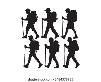 Hiking man Silhouette. hiking man with rucksacks silhouette. hiker with backpack, vector silhouettes. mountaineer climber hiker people. Backpacker. walking with the aid of trekking poles.