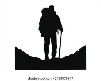 Hiking man Silhouette. hiking man with rucksacks silhouette. hiker with backpack, vector silhouettes. mountaineer climber hiker people. Backpacker. walking with the aid of trekking poles.