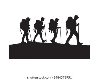 Hiking man Silhouette. hiking man with rucksacks silhouette. hiker with backpack, vector silhouettes. mountaineer climber hiker people. Backpacker. walking with the aid of trekking poles.