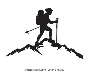 Hiking man Silhouette. hiking man with rucksacks silhouette. hiker with backpack, vector silhouettes. mountaineer climber hiker people. Backpacker. walking with the aid of trekking poles.