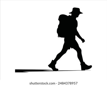 Hiking man Silhouette. hiking man with rucksacks silhouette. hiker with backpack, vector silhouettes. mountaineer climber hiker people. Backpacker. walking with the aid of trekking poles.