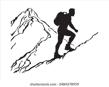 Hiking man Silhouette. hiking man with rucksacks silhouette. hiker with backpack, vector silhouettes. mountaineer climber hiker people. Backpacker. walking with the aid of trekking poles.