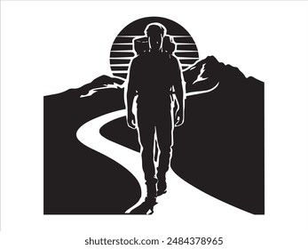 Hiking man Silhouette. hiking man with rucksacks silhouette. hiker with backpack, vector silhouettes. mountaineer climber hiker people. Backpacker. walking with the aid of trekking poles.