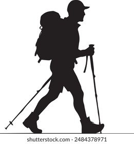 Wanderer Mann Silhouette. Wanderer Mann mit Rucksäcken Silhouette. Wanderer mit Rucksack, Vektorgrafik Silhouetten. Bergsteiger Wanderer Menschen. Rucksacktouristen, die mithilfe von Trekkingstöcken laufen.