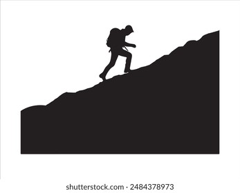 Wanderer Mann Silhouette. Wanderer Mann mit Rucksäcken Silhouette. Wanderer mit Rucksack, Vektorgrafik Silhouetten. Bergsteiger Wanderer Menschen. Rucksacktouristen, die mithilfe von Trekkingstöcken laufen.