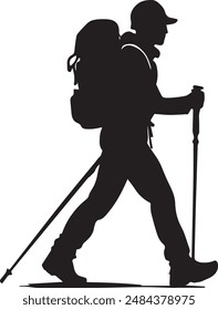 Hiking man Silhouette. hiking man with rucksacks silhouette. hiker with backpack, vector silhouettes. mountaineer climber hiker people. Backpacker. walking with the aid of trekking poles.