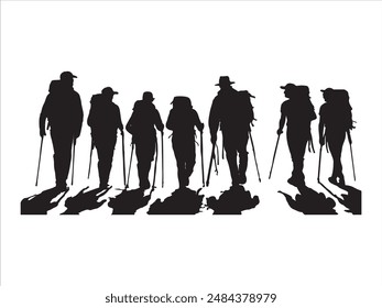 Hiking man Silhouette. hiking man with rucksacks silhouette. hiker with backpack, vector silhouettes. mountaineer climber hiker people. Backpacker. walking with the aid of trekking poles.