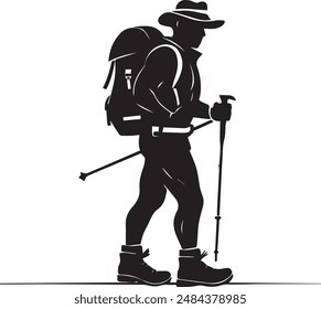 Hiking man Silhouette. hiking man with rucksacks silhouette. hiker with backpack, vector silhouettes. mountaineer climber hiker people. Backpacker. walking with the aid of trekking poles.