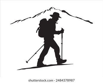 Wanderer Mann Silhouette. Wanderer Mann mit Rucksäcken Silhouette. Wanderer mit Rucksack, Vektorgrafik Silhouetten. Bergsteiger Wanderer Menschen. Rucksacktouristen, die mithilfe von Trekkingstöcken laufen.