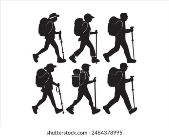 Wanderer Mann Silhouette. Wanderer Mann mit Rucksäcken Silhouette. Wanderer mit Rucksack, Vektorgrafik Silhouetten. Bergsteiger Wanderer Menschen. Rucksacktouristen, die mithilfe von Trekkingstöcken laufen.