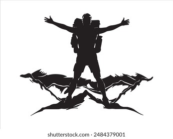 Wanderer Mann Silhouette. Wanderer Mann mit Rucksäcken Silhouette. Wanderer mit Rucksack, Vektorgrafik Silhouetten. Bergsteiger Wanderer Menschen. Rucksacktouristen, die mithilfe von Trekkingstöcken laufen.